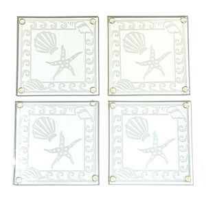 Kate Aspen Green Glass Ocean Design Coasters Set of 4 Sea Shell Starfish Waves